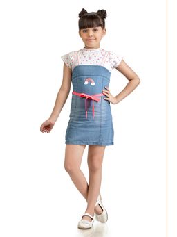 TINY GIRL - Half Sleeves Printed Dress with Belt- Blue