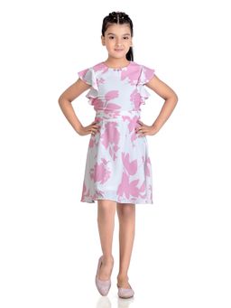 TINY GIRL - Ruffles Sleeves Abstract Printed Dress- White