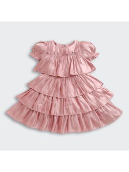 TINY GIRL - Puff Sleeves Solid Tripe Layered Dress- Onion Pink