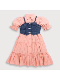 TINY GIRL - Puff Sleeves Solid Dress with Jacket- Peach
