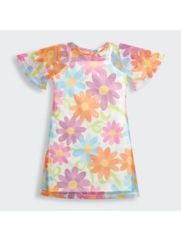 TINY GIRL - Floral Printed Flared Sleeves Dress with Inner- White