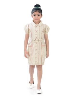 TINY GIRL - Puff Sleeves Printed Dress with Belt- Cream