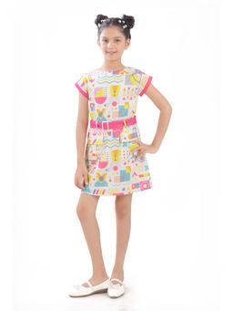 TINY GIRL - Woven Printed Dress with Belt- White