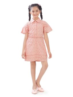 TINY GIRL - Flared Sleeves Self Design Detailed Dress with Belt- Peach