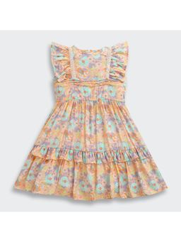 TINY GIRL - Floral Printed Layered Dress- Peach