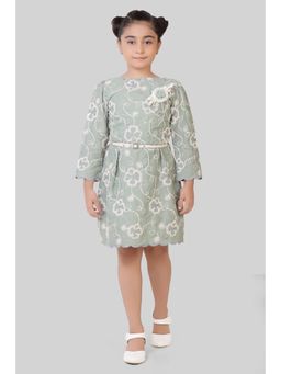 TINY GIRL - Three Fourth Sleeves Embroidered Dress with Belt- Green