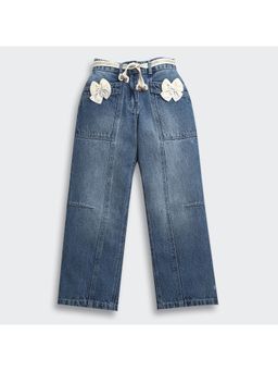 TINY GIRL - Cotton Full Length Jeans with Belt- Dark Blue