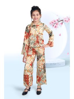 TINY GIRL - Flared Sleeves Floral Printed Co-Ord Set- Peach