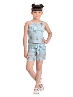 TINY GIRL - Shoulder Stripe Floral Printed Top and Shorts Set- Powder Blue