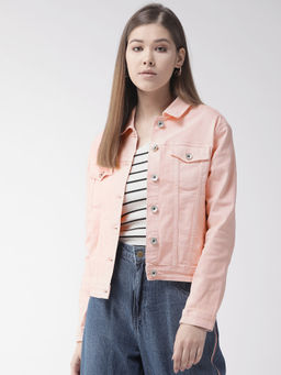 Xpose - Women Peach-Coloured Solid Denim Jacket