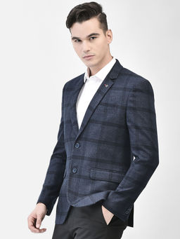 CRIMSOUNE CLUB - Men's Navy Blue Checked Single Breasted Blazer