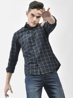 CRIMSOUNE CLUB - Men's Navy Blue Checked Shirt