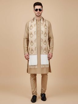 MUFFLY - Beige Luxurious Woven Stole With Intricate Floral Jacquard Detail