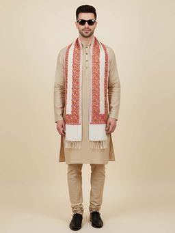 MUFFLY - Off White and Maroon Woven Design Stole For Men 80 x 28 Inches