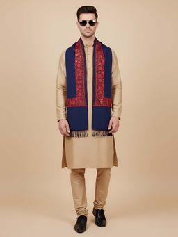 MUFFLY - Navy Blue Golden Paisley Border Blended Wool Stole 80 x 28 Inch