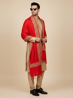 MUFFLY - Red Golden Paisley Border Blended Wool Stole 80 x 28 Inch