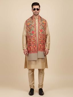 MUFFLY - Red and Beige Woven Design Blended Woolen Stole 80 x 28 Inch