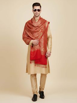 MUFFLY - Red and Beige Woven Design Blended Woolen Stole 80 x 28 Inch