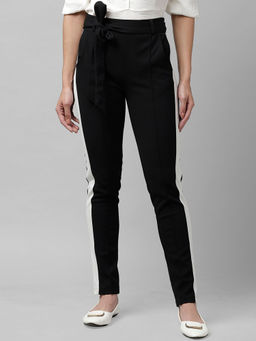 KASSUALLY - Black Solid Side Strip Slim Fit Trouser