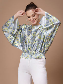 KASSUALLY - Grey Yellow Floral Kimono Sleeve Smocked Top