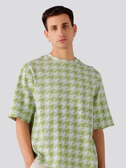 Muvazo - Houndstooth Printed Oversized Unisex T-Shirt - Green