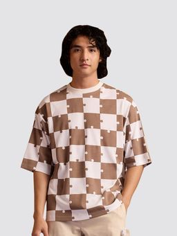 Muvazo - Jigsaw Oversized Unisex T-Shirt Brown & White