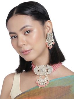Accessher - Gold Toned Kundan & Pink Beaded Stone Enamel Jewellery Set for Women