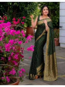 Nyri - New Trendy Silk Blend Banarasi Woven Designer Saree With Unstitched Blouse - Green