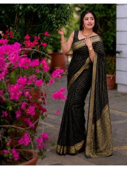 Nyri - New Trendy Silk Blend Banarasi Woven Designer Saree With Unstitched Blouse - Black