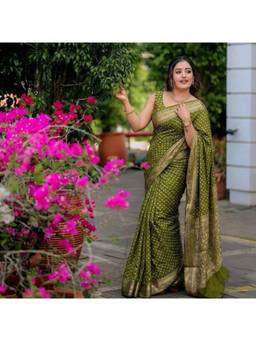 Nyri - New Trendy Silk Blend Banarasi Woven Designer Saree With Unstitched Blouse - Olive