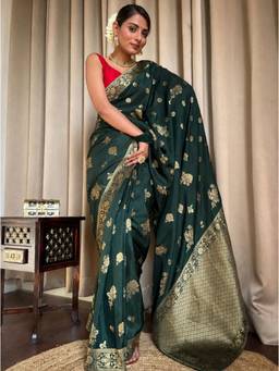 Nyri - New Trendy Silk Blend Banarasi Woven Designer Saree With Unstitched Blouse - Green