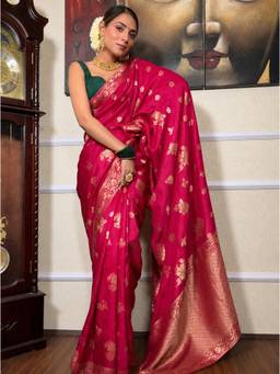 Nyri - New Trendy Silk Blend Banarasi Woven Designer Saree With Unstitched Blouse - Pink