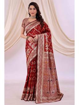 Nyri - New Trendy Silk Blend Banarasi Woven Designer Saree With Unstitched Blouse - Maroon