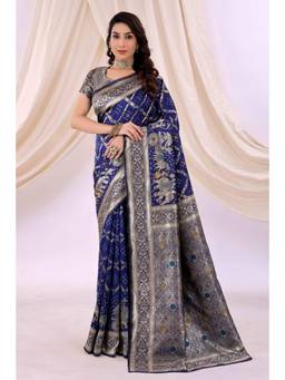 Nyri - New Trendy Silk Blend Banarasi Woven Designer Saree With Unstitched Blouse - Navy Blue