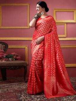 Nyri - New Trendy Silk Blend Banarasi Woven Designer Saree With Unstitched Blouse - Red
