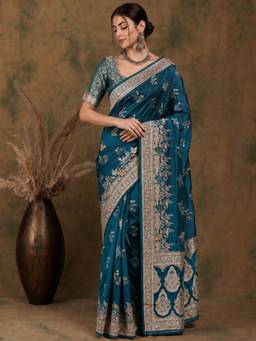 Nyri - New Trendy Silk Blend Banarasi Woven Designer Saree With Unstitched Blouse - Teal