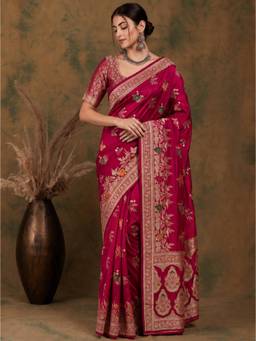 Nyri - New Trendy Silk Blend Banarasi Woven Designer Saree With Unstitched Blouse - Pink