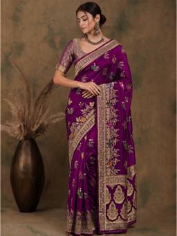 Nyri - New Trendy Silk Blend Banarasi Woven Designer Saree With Unstitched Blouse - Purple