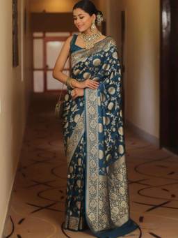 Nyri - New Trendy Silk Blend Banarasi Woven Designer Saree With Unstitched Blouse - Teal