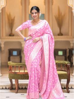 Nyri - New Trendy Silk Blend Banarasi Woven Designer Saree With Unstitched Blouse - Pink
