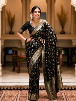 Nyri - New Trendy Silk Blend Banarasi Woven Designer Saree With Unstitched Blouse - Black