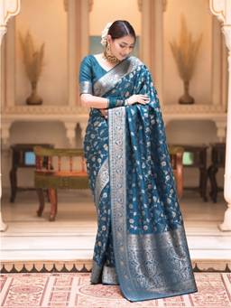 Nyri - New Trendy Silk Blend Banarasi Woven Designer Saree With Unstitched Blouse - Teal