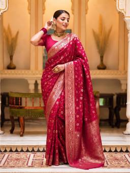 Nyri - New Trendy Silk Blend Banarasi Woven Designer Saree With Unstitched Blouse - Pink