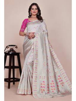 Nyri - New Trendy Silk Blend Banarasi Woven Designer Saree With Unstitched Blouse - Grey