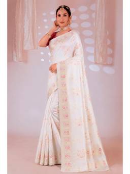 Nyri - New Trendy Silk Blend Banarasi Woven Designer Saree With Unstitched Blouse - White