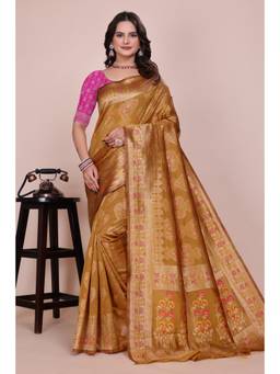 Nyri - New Trendy Silk Blend Banarasi Woven Designer Saree With Unstitched Blouse - Gold