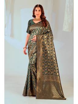 Nyri - New Trendy Silk Blend Banarasi Woven Designer Saree With Unstitched Blouse - Green