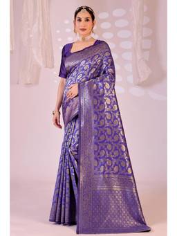 Nyri - New Trendy Silk Blend Banarasi Woven Designer Saree With Unstitched Blouse - Purple