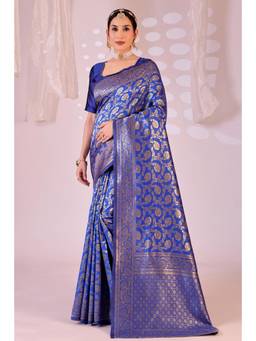 Nyri - New Trendy Silk Blend Banarasi Woven Designer Saree With Unstitched Blouse - Blue