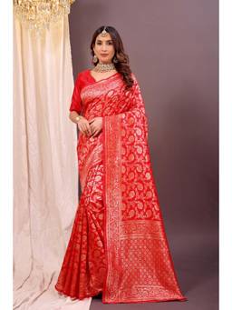 Nyri - New Trendy Silk Blend Banarasi Woven Designer Saree With Unstitched Blouse - Red